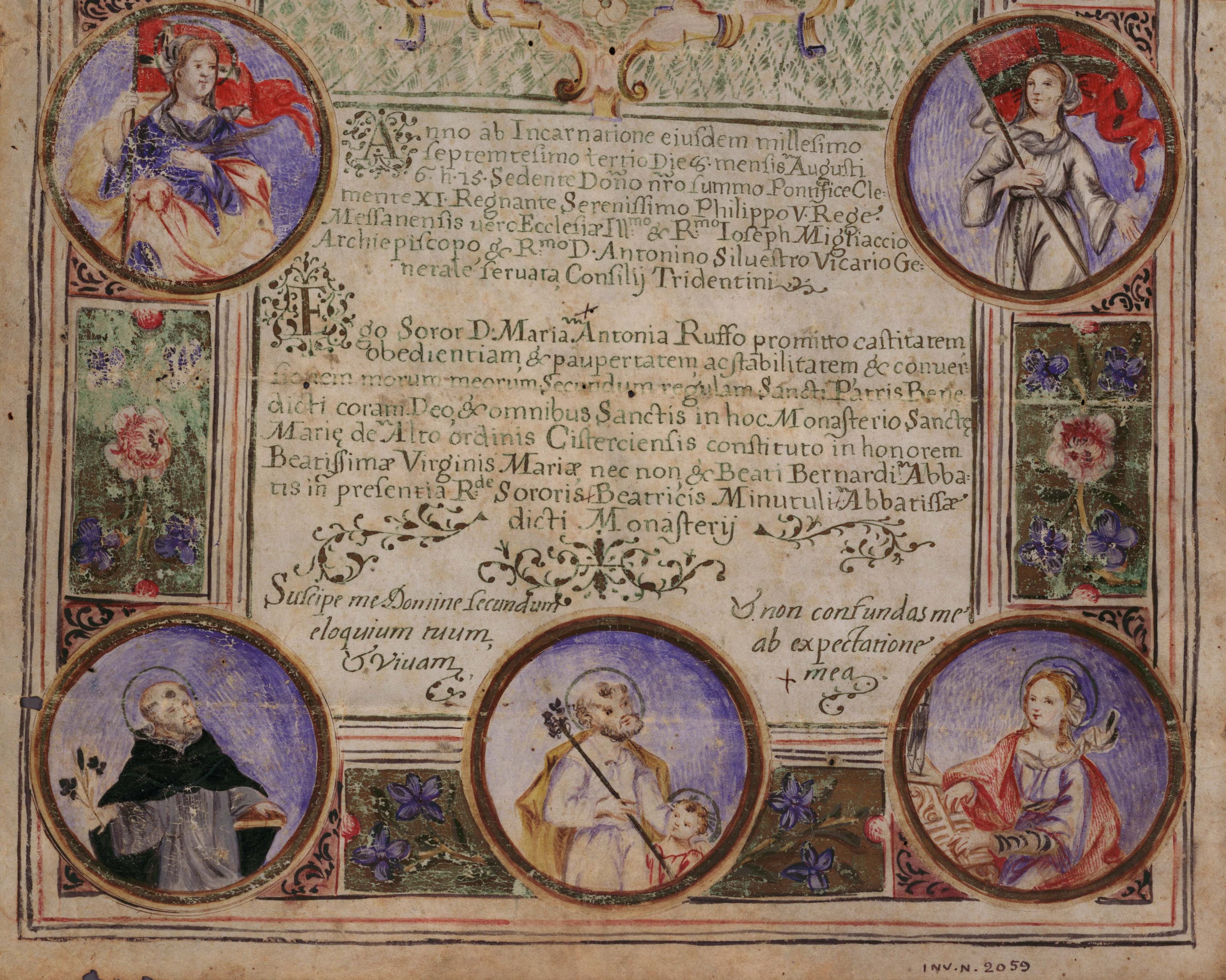 Fondo Pergamene, Monastero di Santa Maria del Carmelo, detto poi di Santa Maria dell'Alto, perg. n. 104.
Atto di castità di suor Maria Antonia Ruffo datato 8 agosto 1703.